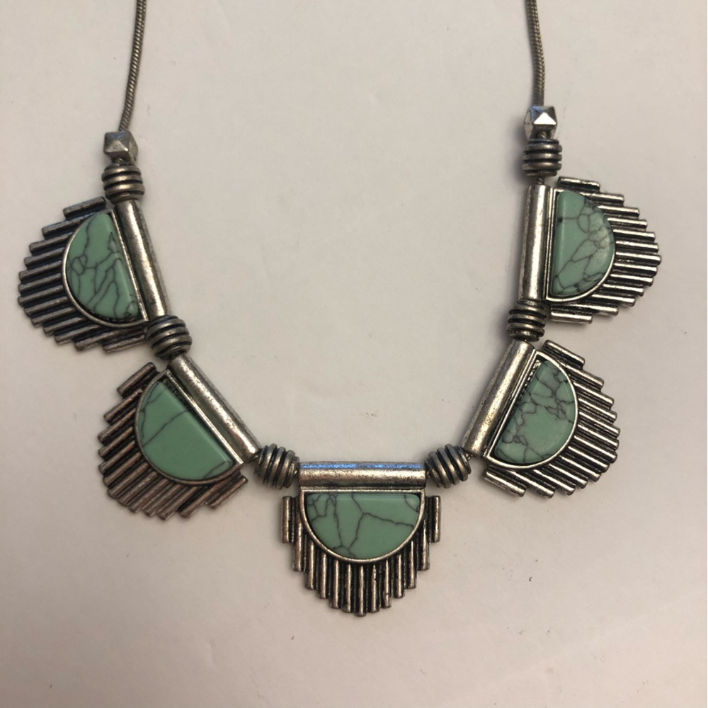 Ethnic Adomments Beaded Shield Necklace Turquoise With Silver Beads  10” 1960’s